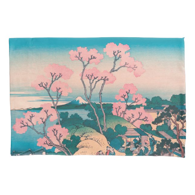 Spring Picnic under Cherry Tree Flowers Mount Fuji Pillow Case (Front)