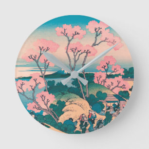 Spring Picnic under Cherry Tree Flowers Mount Fuji Round Clock
