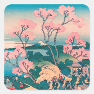 Spring Picnic under Cherry Tree Flowers Mount Fuji Square Sticker