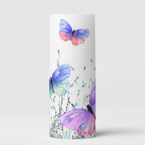 Spring Pillar Candle Butterflies Flying in Nature