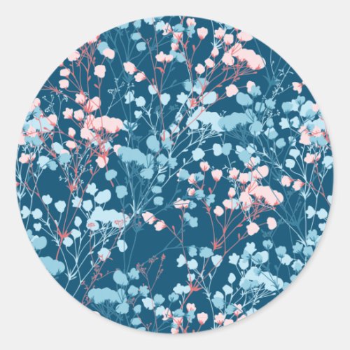 Spring Pink and Blue Floral Plant Pattern Classic  Classic Round Sticker