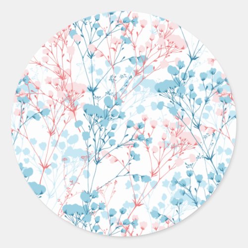 Spring Pink and Blue Floral Plant Pattern Classic Round Sticker