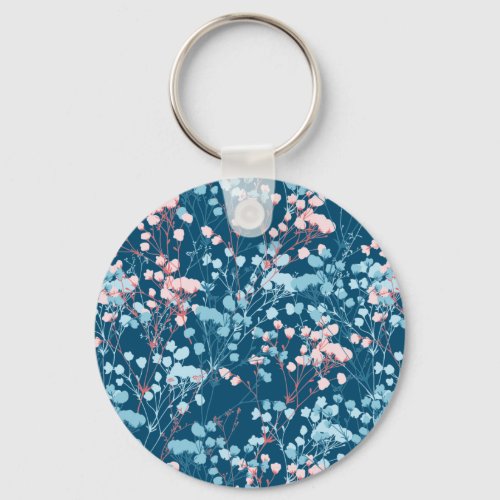Spring Pink and Blue Floral Plant Pattern Keychain