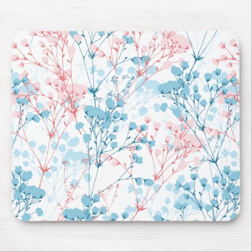 Spring Pink and Blue Floral Plant Pattern Mouse Pad