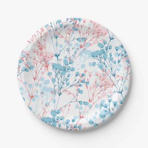 Spring Pink and Blue Floral Plant Pattern Paper Plates