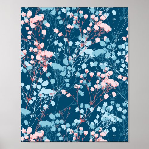 Spring Pink and Blue Floral Plant Pattern Poster