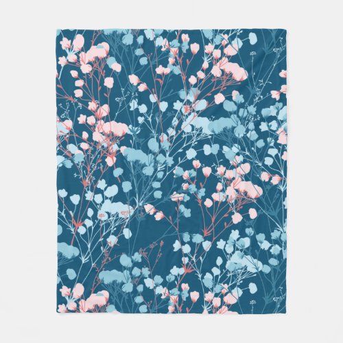 Spring Pink and Blue Floral Plant Pattern Throw Pi Fleece Blanket