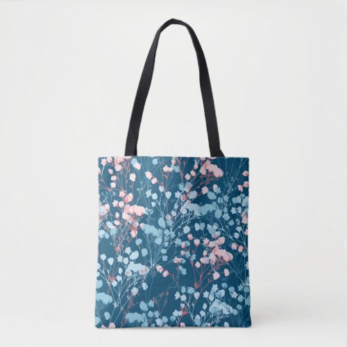 Spring Pink and Blue Floral Plant Pattern Tote Bag