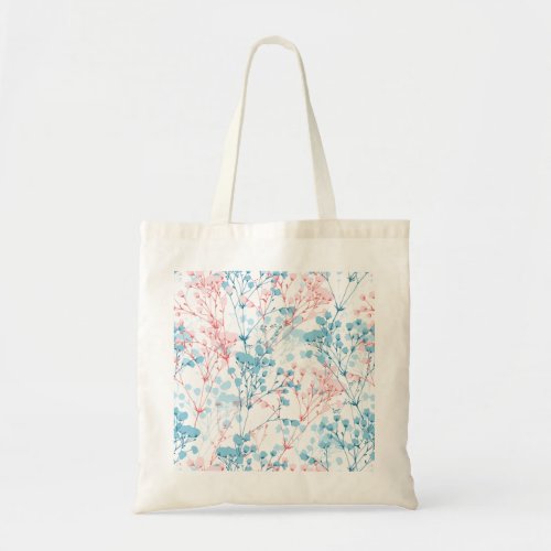 Spring Pink and Blue Floral Plant Pattern Tote Bag