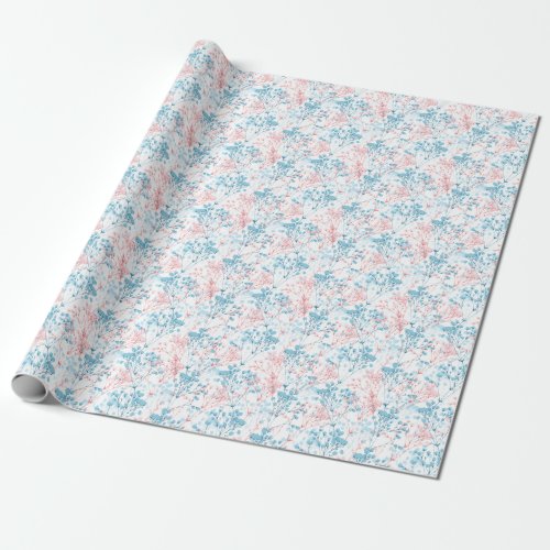 Spring Pink and Blue Floral Plant Pattern Wrapping Paper