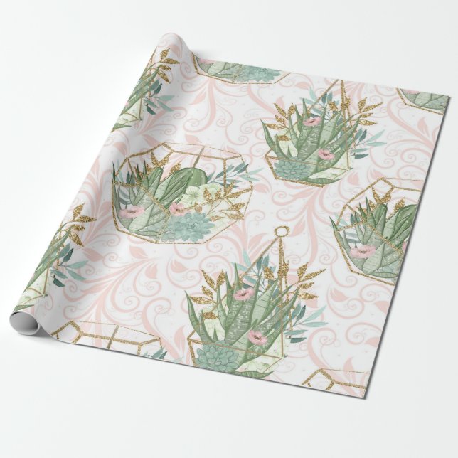 Spring Pink and Mint Glitter Succulents Wrapping Paper (Unrolled)