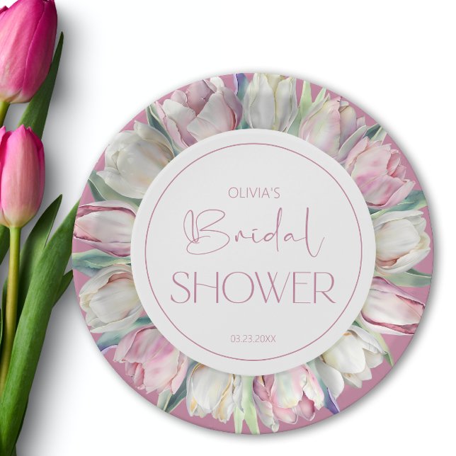 Spring pink and white tulips Bridal shower Paper Plates (Creator Uploaded)