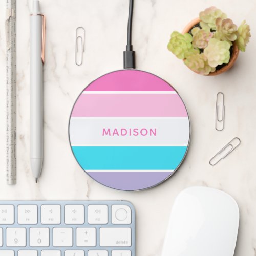 Spring Pink Blue Colorblock Personalized Name Wireless Charger
