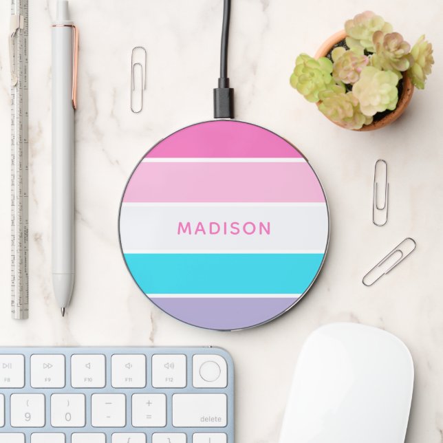 Spring Pink Blue Colorblock Personalized Name Wireless Charger (Desk)