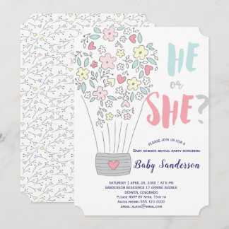 Spring pink blue floral blooms gender reveal party invitation