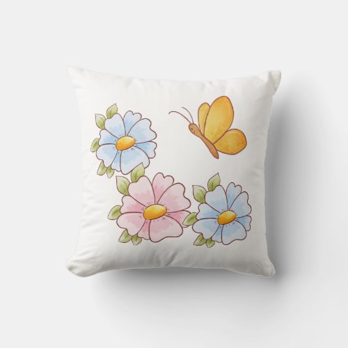 Spring Pink Blue Flowers Cute Yellow Butterfly  Throw Pillow