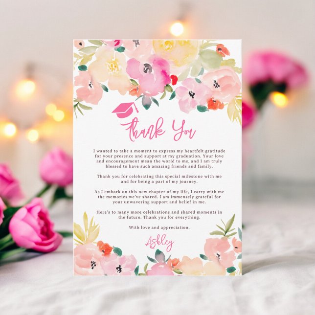 Spring pink boho chic garden floral graduation thank you card (Spring pink boho chic garden floral graduation thank you card)