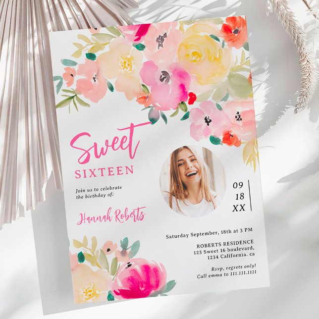 Spring pink boho chic garden floral photo sweet 16 invitation (Spring pink boho chic garden floral photo sweet 16 invitation)