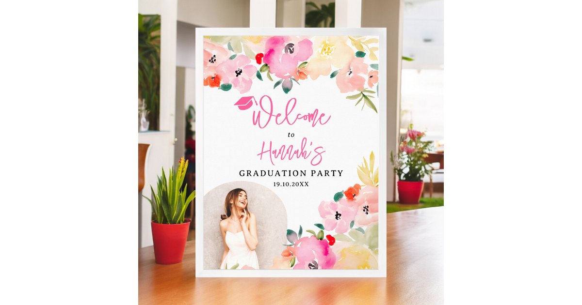 Spring pink boho garden floral graduation welcome poster | Zazzle