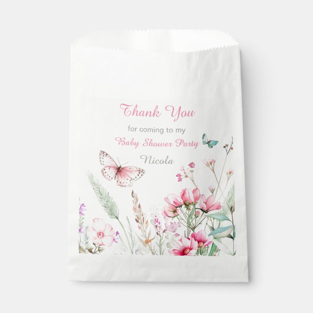 Spring Pink Butterfly Floral Baby Shower Favor Bag (Front)