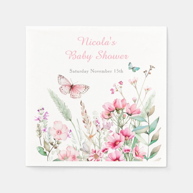 Spring Pink Butterfly Floral Baby Shower Napkins (Front)