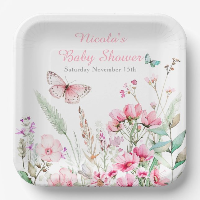 Spring Pink Butterfly Floral Baby Shower Paper Plates (Front)