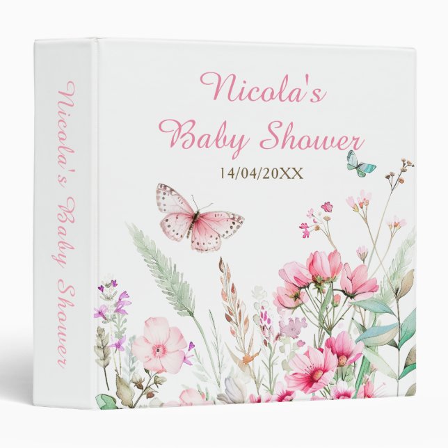 Spring Pink Butterfly Floral Baby Shower Photo  3 Ring Binder (Front/Spine)