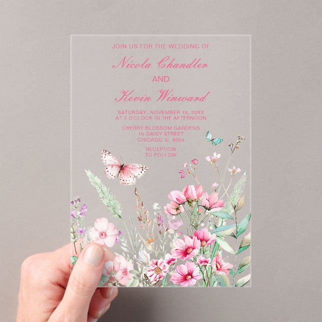 Spring Pink Butterfly Floral Wedding Acrylic Invitations (Insitu (Handheld))