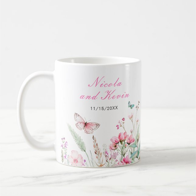 Spring Pink Butterfly Floral Wedding Coffee Mug (Left)