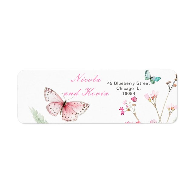 Spring Pink Butterfly Floral Wedding Label (Front)
