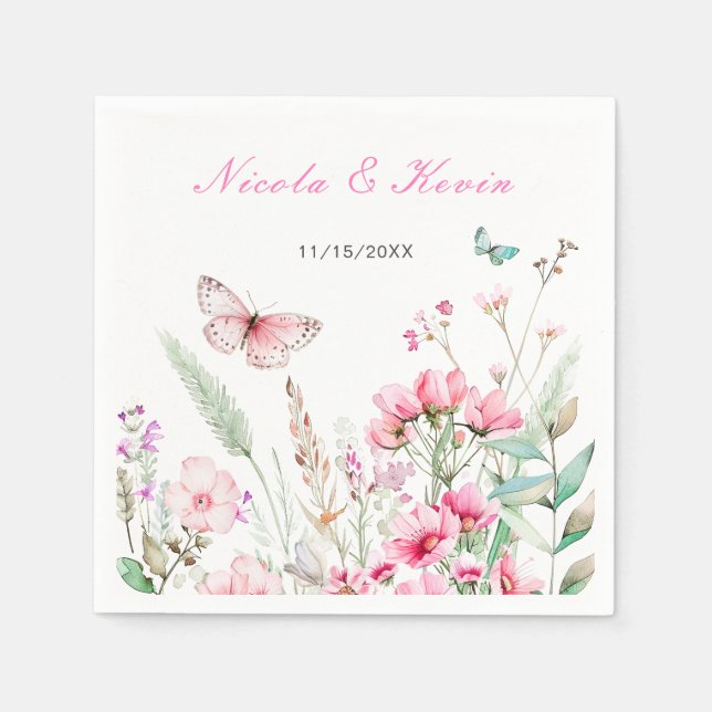Spring Pink Butterfly Floral Wedding Napkins (Front)