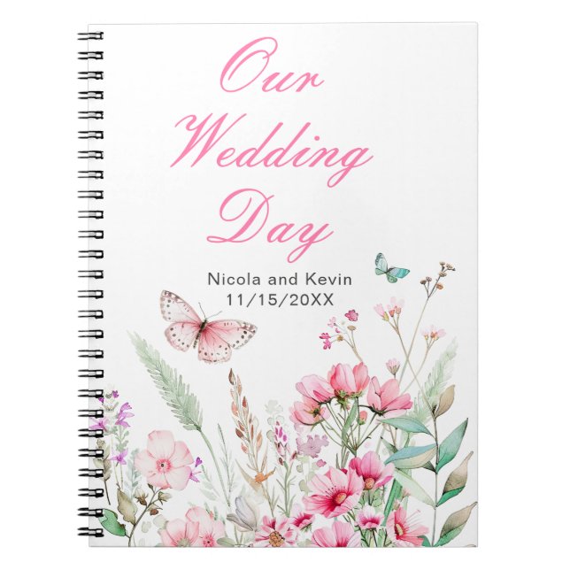 Spring Pink Butterfly Floral Wedding Notebook (Front)