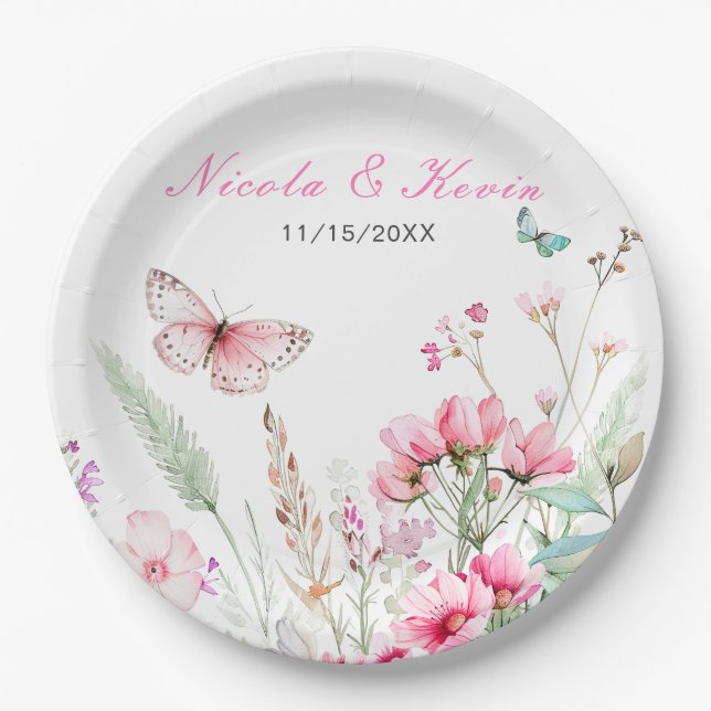 Spring Pink Butterfly Floral Wedding Paper Plates (Front)