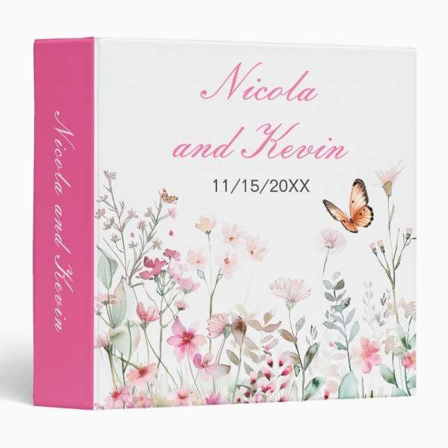 Spring Pink Butterfly Floral Wedding Photo Album 3 Ring Binder (Front/Spine)