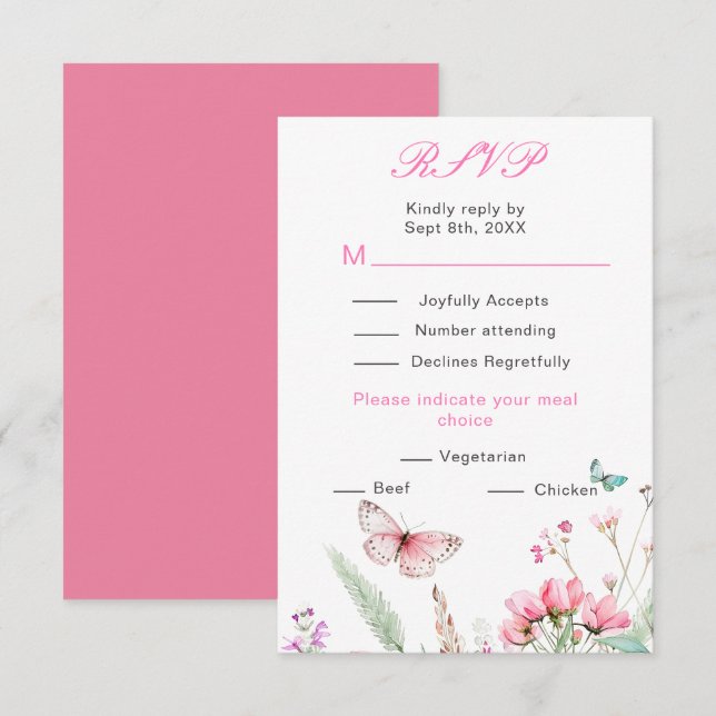 Spring pink Butterfly Floral Wedding RSVP Card (Front/Back)