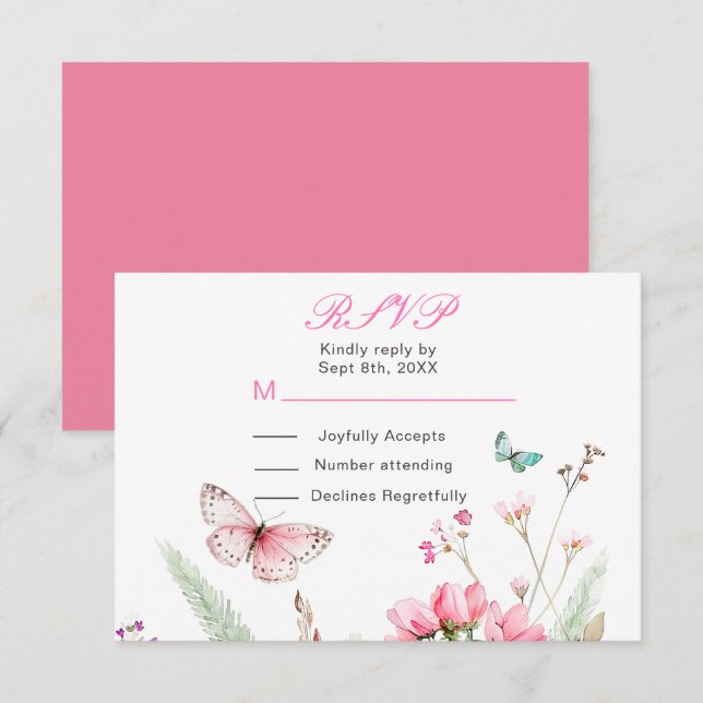 Spring Pink Butterfly Floral Wedding RSVP Card (Front/Back)