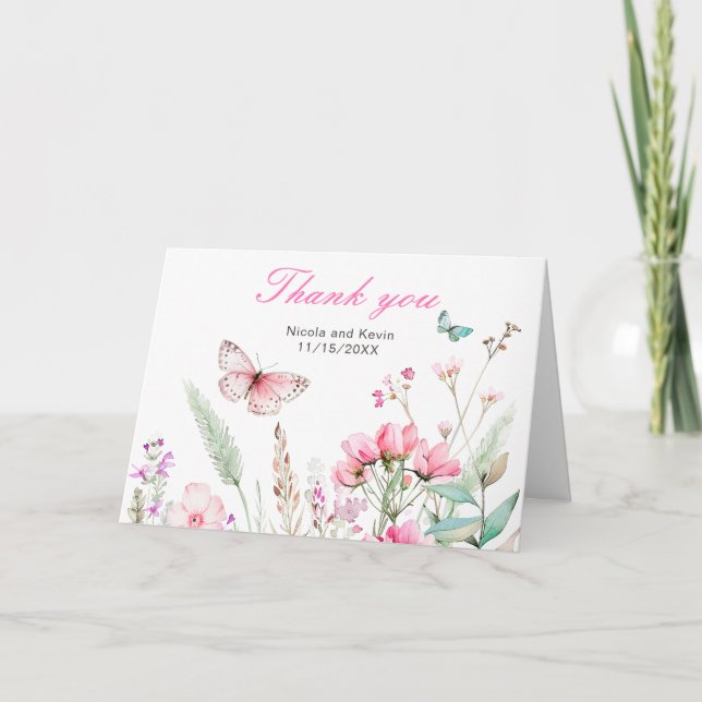 Spring Pink Butterfly Floral Wedding Thank You Card (Front)