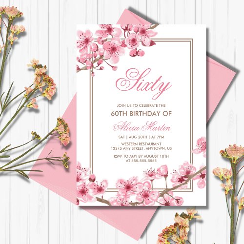 Spring Pink Cherry Blossom Floral Birthday  Invitation