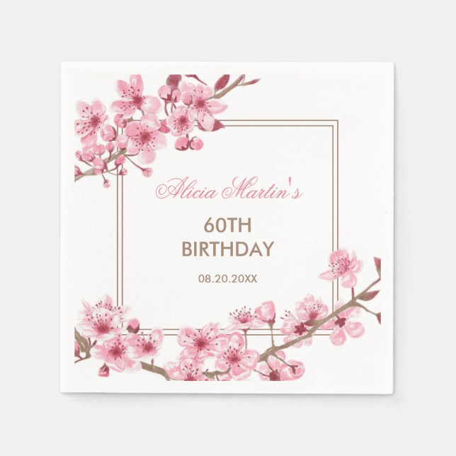 Spring Pink Cherry Blossom Floral Birthday  Napkins (Front)