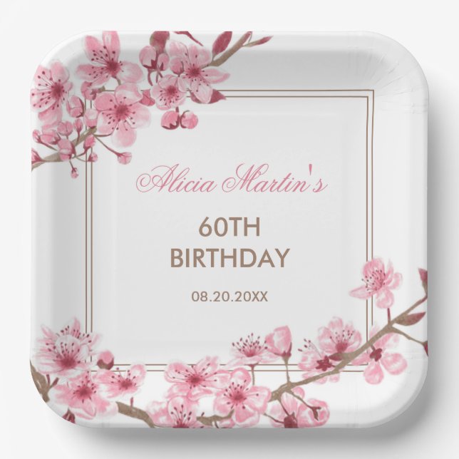 Spring Pink Cherry Blossom Floral Birthday  Paper Plates (Front)