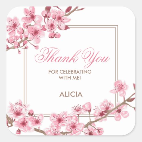 Spring Pink Cherry Blossom Floral Birthday  Square Sticker