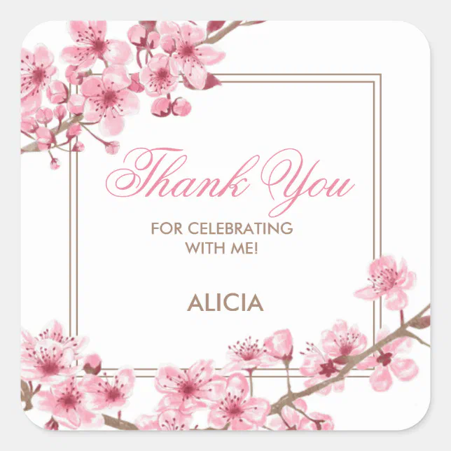 Spring Pink Cherry Blossom Floral Birthday Square Sticker | Zazzle