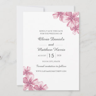 Spring pink cherry blossom. Floral wedding Save The Date