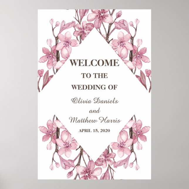 Spring pink cherry blossom. Floral wedding Welcome Poster (Front)