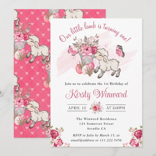 Spring Pink Floral Basket & Cute Lamb 1st Birthday Invitation (Front/Back)
