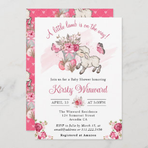 Spring Pink Floral Basket & Cute Lamb Baby Shower Invitation