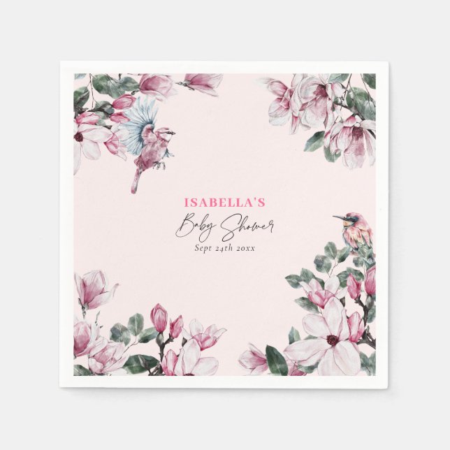 Spring Pink Floral & Birds Baby Shower  Napkins (Front)