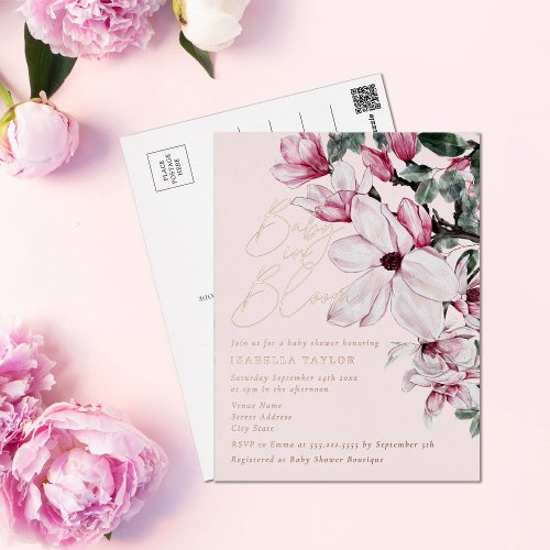 Spring Pink Floral Girl Rose Gold Baby Shower Foil Invitation Postcard