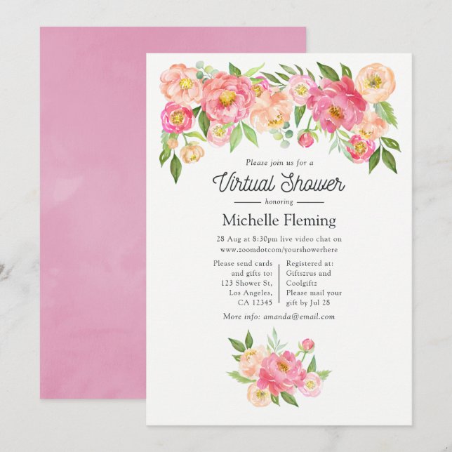 Spring Pink Floral Girl Virtual Baby Shower Invitation (Front/Back)
