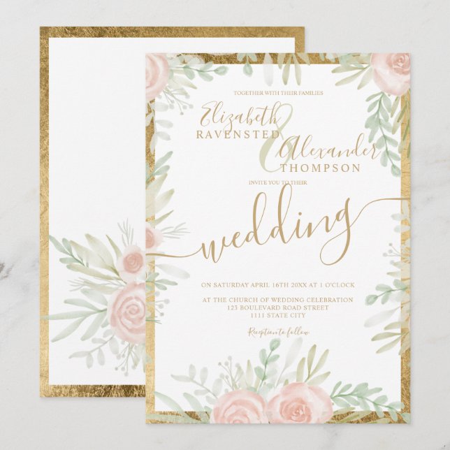 Spring Pink floral gold border chic white wedding Invitation (Front/Back)